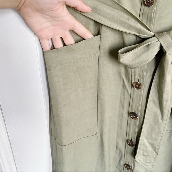 REISS • Emma Plunge Frill Shoulder Dress green midi button front tie waist belt - Picture 8 of 14